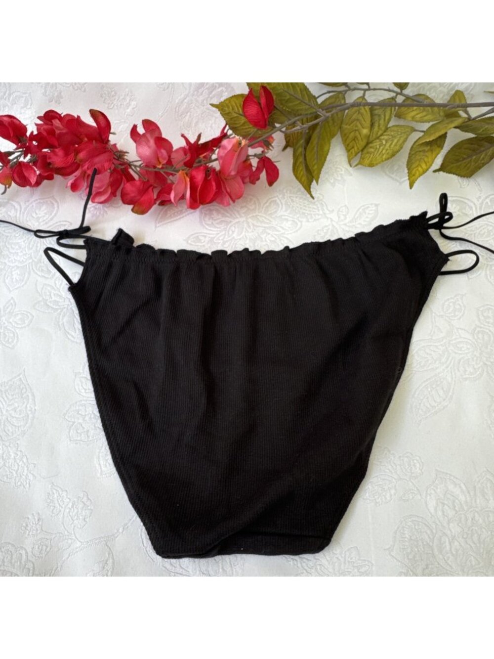 PINK VICTORIA'S SECRET L BLACK RUFFLE STRAPPY STRING TIE SIDE BIKINI PANTIES NWT